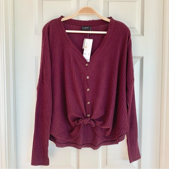 Maroon Bordeaux Waffle Knit Thermal Oversized Knot Front Long Sleeve Tee Shirt - Picture 1 of 6